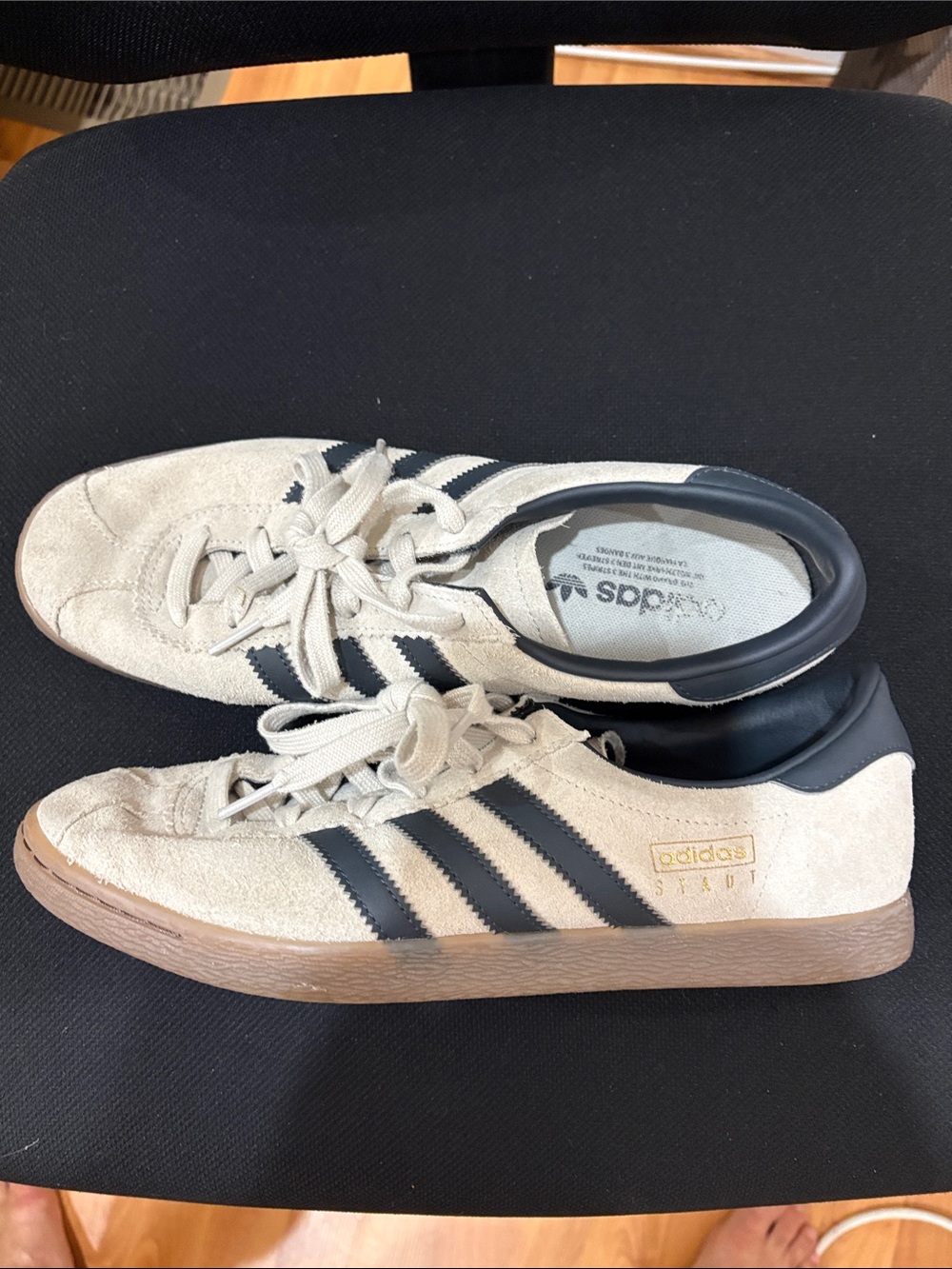 adidas Women’s Beige Suede Sneakers with Black Stripes. Size 9.5
